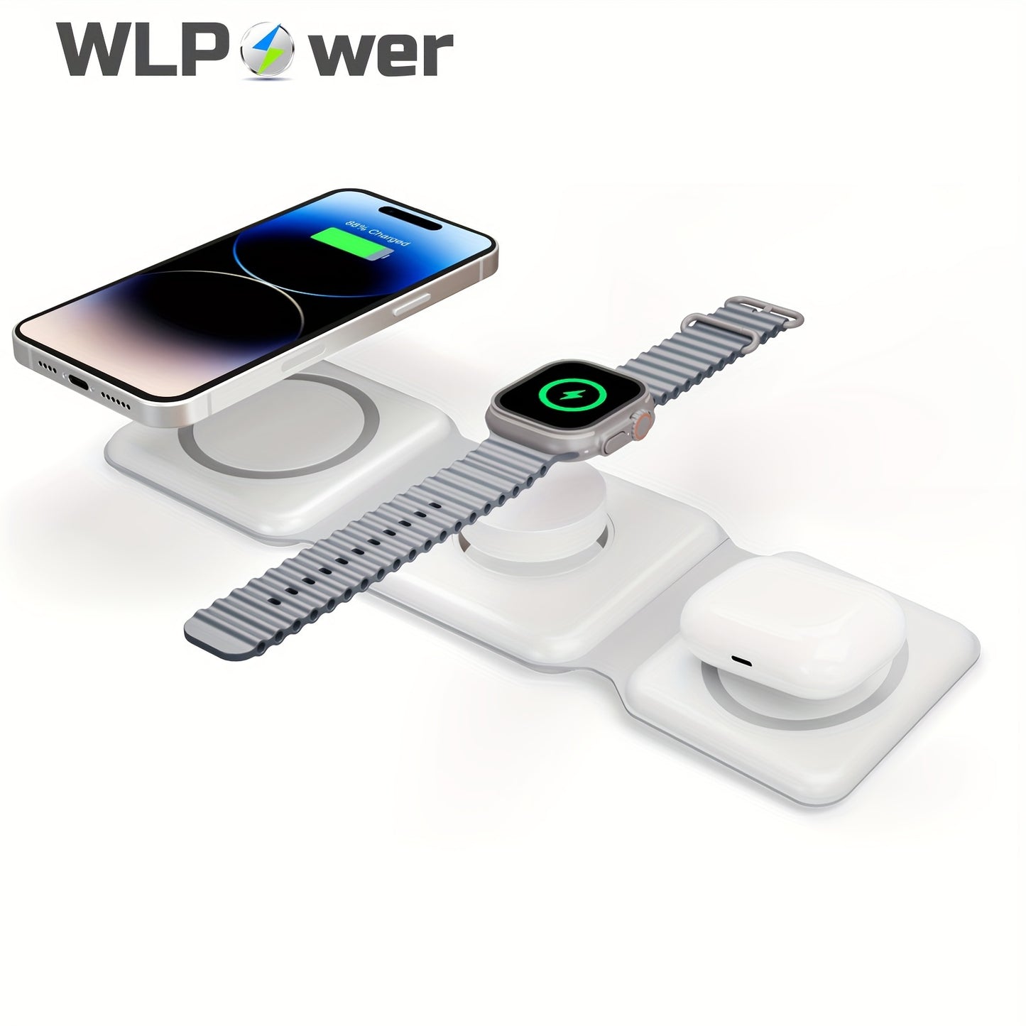 WLPower 3-in-1 Foldable Magnetic Wireless Charger Dock, Multi-Device Charging Station, For Iphone 16 15 14 13 12 11 8 Plus Pro Max Xs, For Airpods 3rd Gen, For IWatch 9 8 7 6 5 4 3 2 SE Ultra, For Samsung Galaxy S8 & S9, S20
