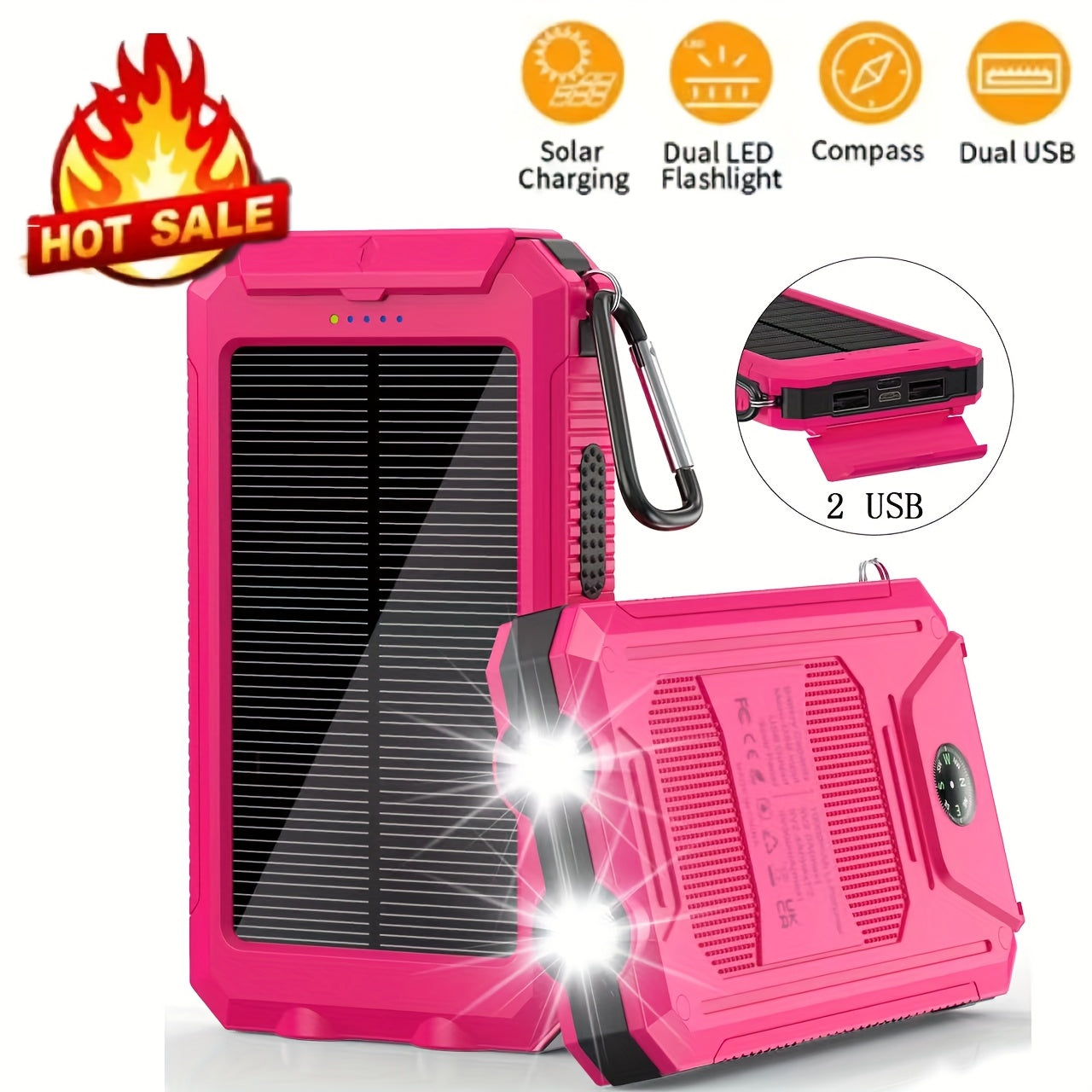 10000mAh/20000mAh Solar Powered Power Bank with Flashlight/USB/Type-C/Micro Interface/compass for Mobile Digital Electronics Devices, Durable and Long-lasting, Travel Camping, LED Flashlight, Hiking Buckle. The Best Gift for