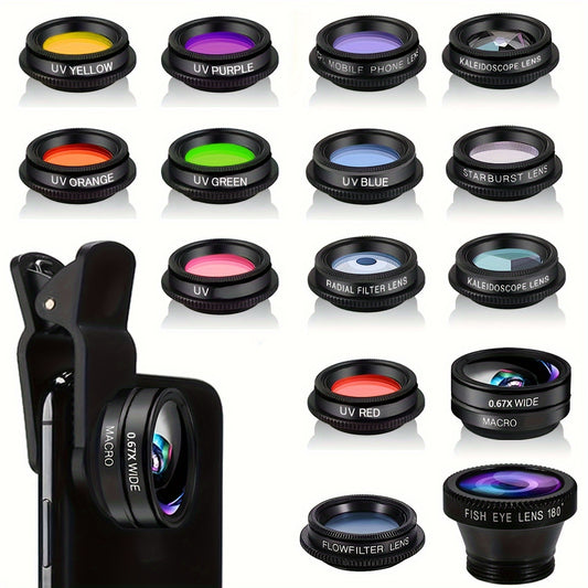 15-in-1 Smartphone Camera Lens Kit – Wide Angle, Fisheye, CPL, Starburst & Multi-Color Filters for iPhone, Samsung & Android