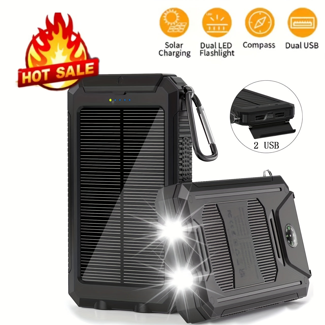 10000mAh/20000mAh Solar Powered Power Bank with Flashlight/USB/Type-C/Micro Interface/compass for Mobile Digital Electronics Devices, Durable and Long-lasting, Travel Camping, LED Flashlight, Hiking Buckle. The Best Gift for