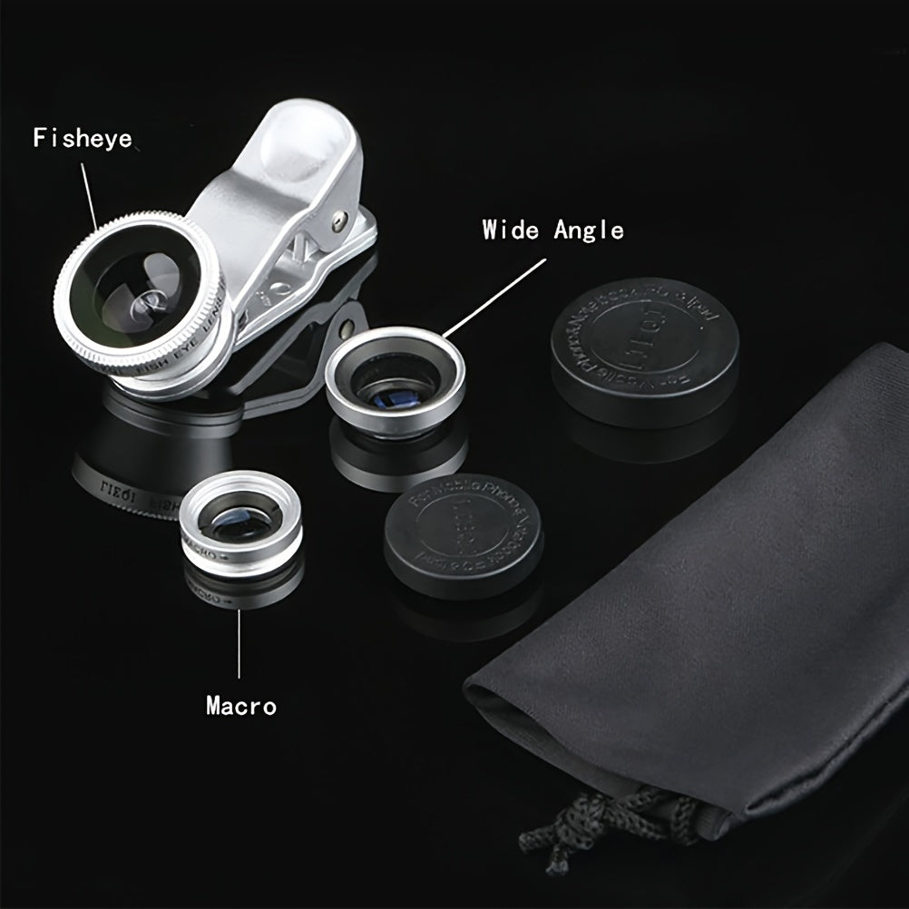 3-in-1 Universal Smartphone Camera Lens Kit, Fisheye, Wide Angle, Macro Lenses, Glass Material, Clip-On Mobile Photography Accessories