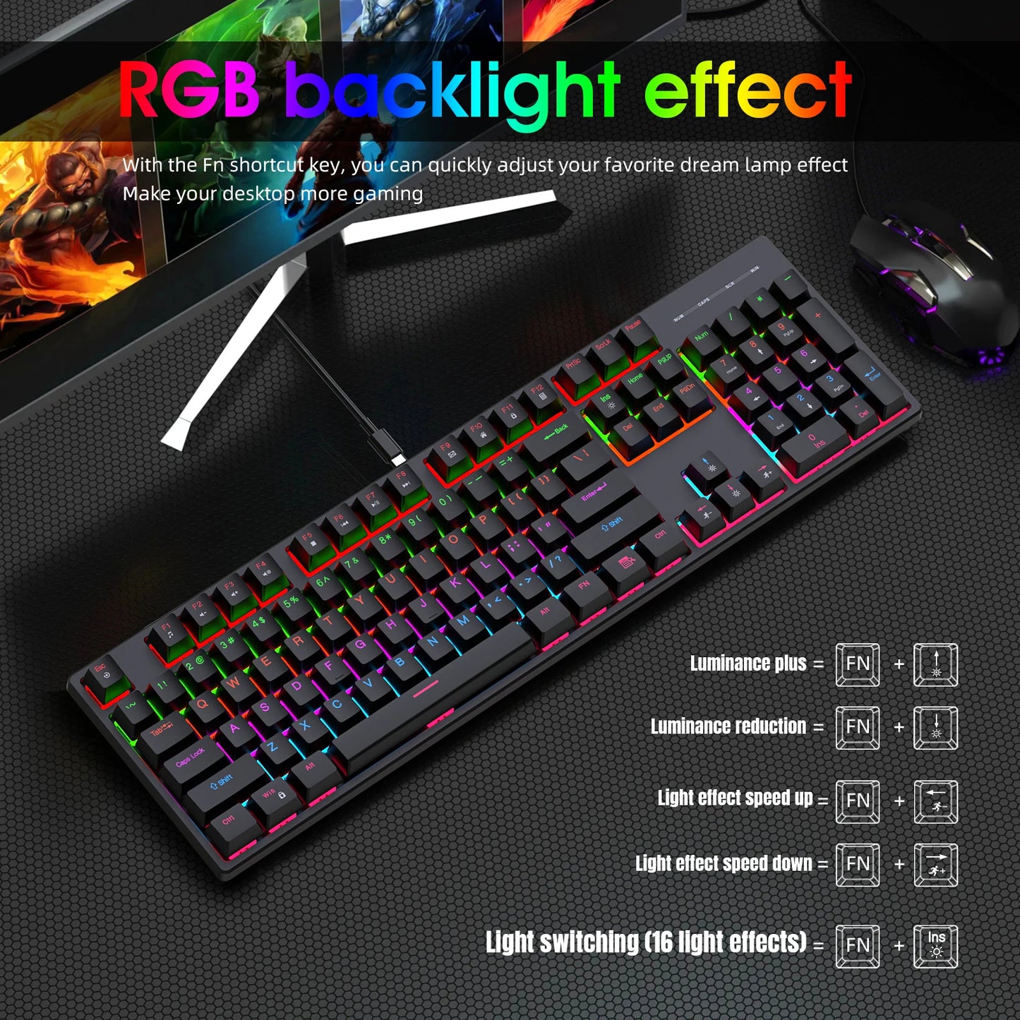 16 RGB Mechanical Keyboard Wired 104Key Gaming Keyboard Esports Keyboard Hot-Swappable Ergonomic Keyboard for PC Laptop Macbook
