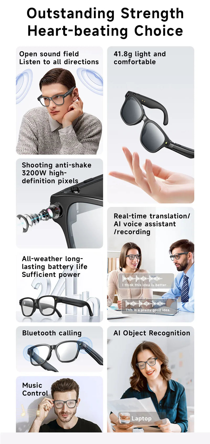 AI Smart Glasses 8 Million Camera Bluetooth Sunglasses Shoot Audio Call Video Music Player Multifunctional Smart Glasses