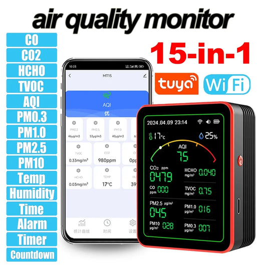 Smart Life 15 in 1 Air Quality Monitor Tuya WiFi PM2.5 Detector CO2 CO TVOC HCHO PM AQI Temperature & Humidity for Home & Office