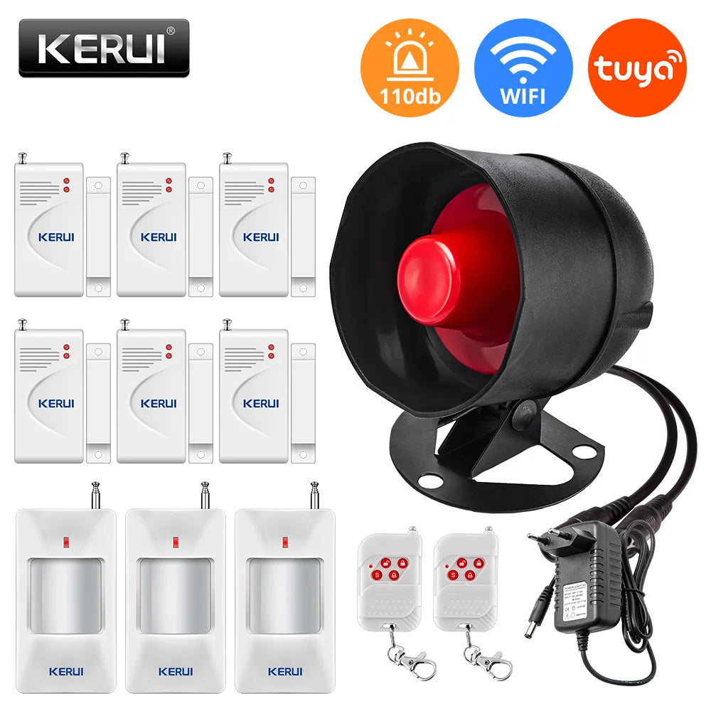 KERUI Tuya Smart WIFI Security Alarm System Kit 110dB Wireless Loud Indoor/Outdoor Siren Horn Home Burglar Motion Door Sensor
