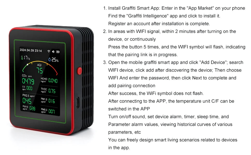 Smart Life 15 in 1 Air Quality Monitor Tuya WiFi PM2.5 Detector CO2 CO TVOC HCHO PM AQI Temperature & Humidity for Home & Office