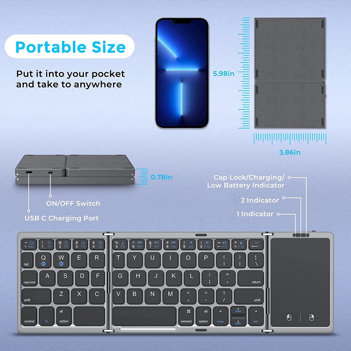 Dual Bluetooth 5.1 Keyboard 3-Folding Mini Keyboard Rechargeable Foldable Keyboard with Touchpad for Windows Android IOS iPad