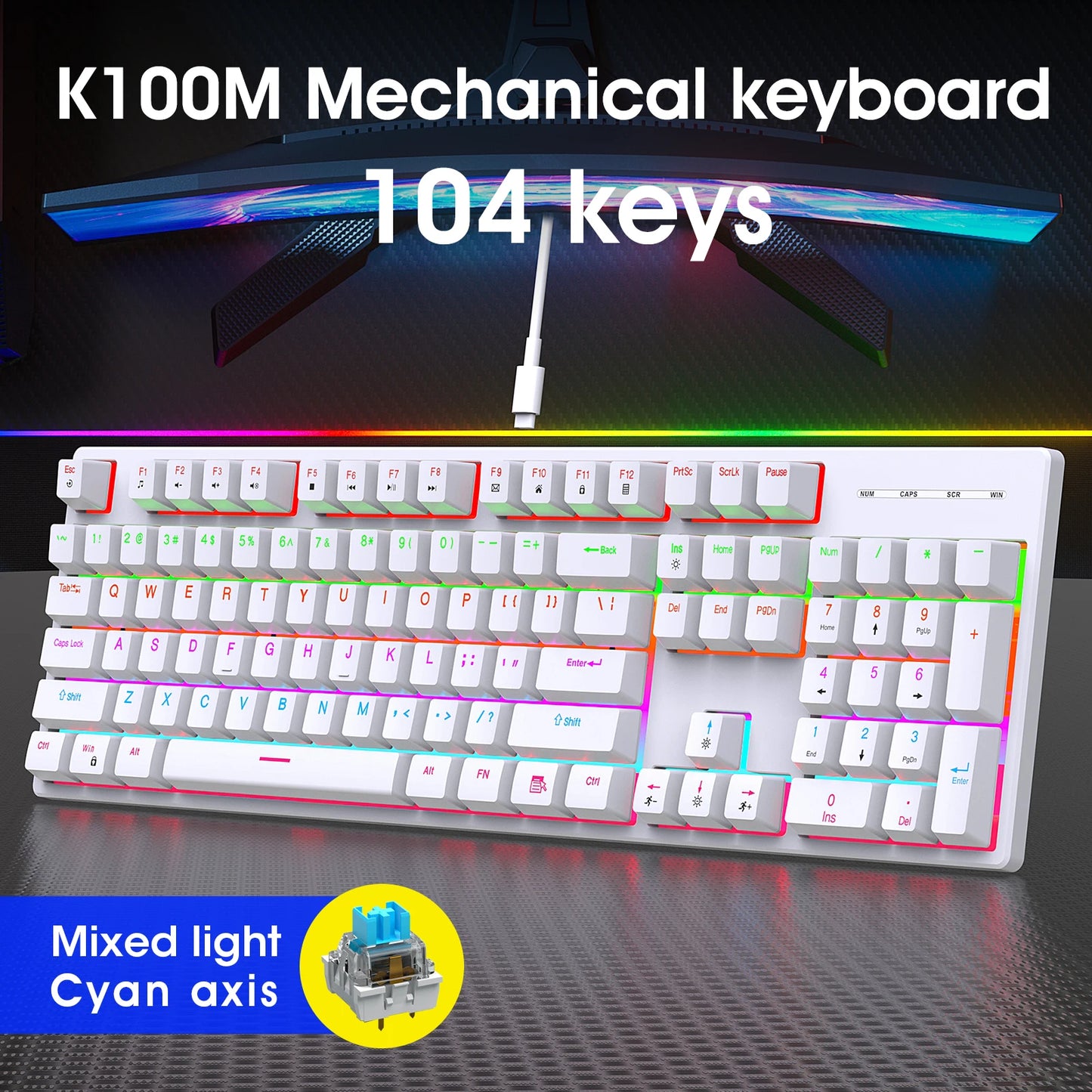 16 RGB Mechanical Keyboard Wired 104Key Gaming Keyboard Esports Keyboard Hot-Swappable Ergonomic Keyboard for PC Laptop Macbook