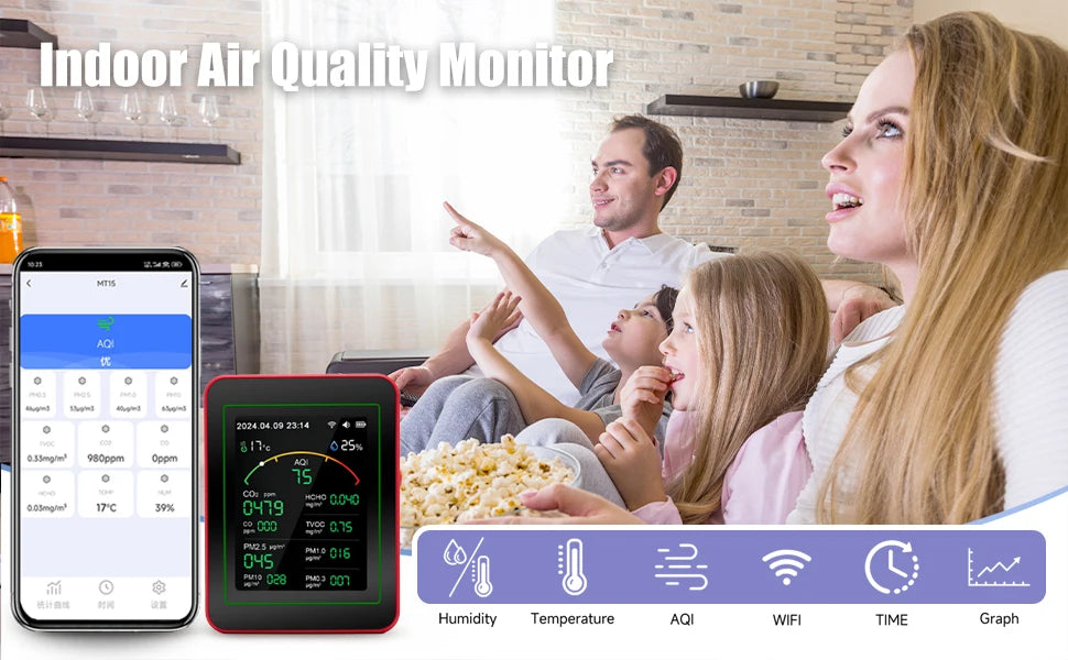 Smart Life 15 in 1 Air Quality Monitor Tuya WiFi PM2.5 Detector CO2 CO TVOC HCHO PM AQI Temperature & Humidity for Home & Office