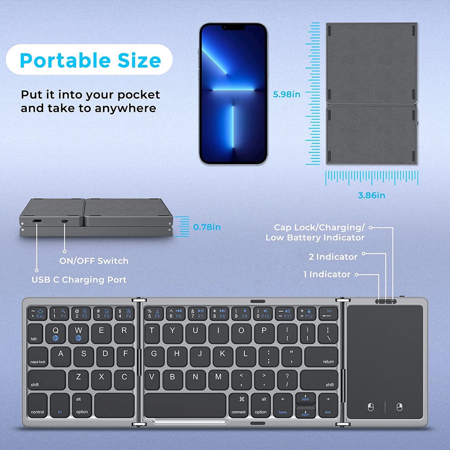 Dual Bluetooth 5.1 Keyboard 3-Folding Mini Keyboard Rechargeable Foldable Keyboard with Touchpad for Windows Android IOS iPad