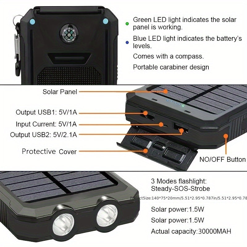 10000mAh/20000mAh Solar Powered Power Bank with Flashlight/USB/Type-C/Micro Interface/compass for Mobile Digital Electronics Devices, Durable and Long-lasting, Travel Camping, LED Flashlight, Hiking Buckle. The Best Gift for