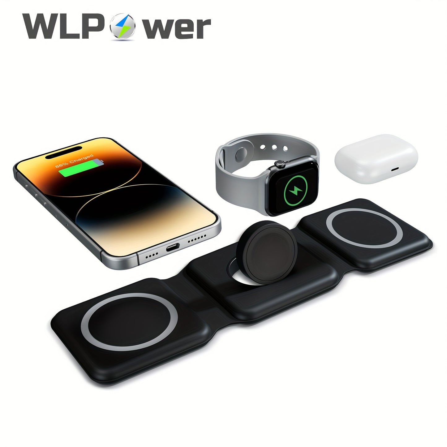 WLPower 3-in-1 Foldable Magnetic Wireless Charger Dock, Multi-Device Charging Station, For Iphone 16 15 14 13 12 11 8 Plus Pro Max Xs, For Airpods 3rd Gen, For IWatch 9 8 7 6 5 4 3 2 SE Ultra, For Samsung Galaxy S8 & S9, S20